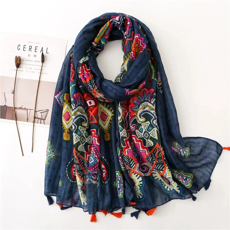 Paisley Abstract Floral Viscose Shawl with Tassels