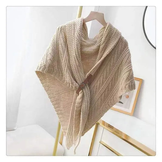 Knitted Triangle Shawl with Leather Buckle