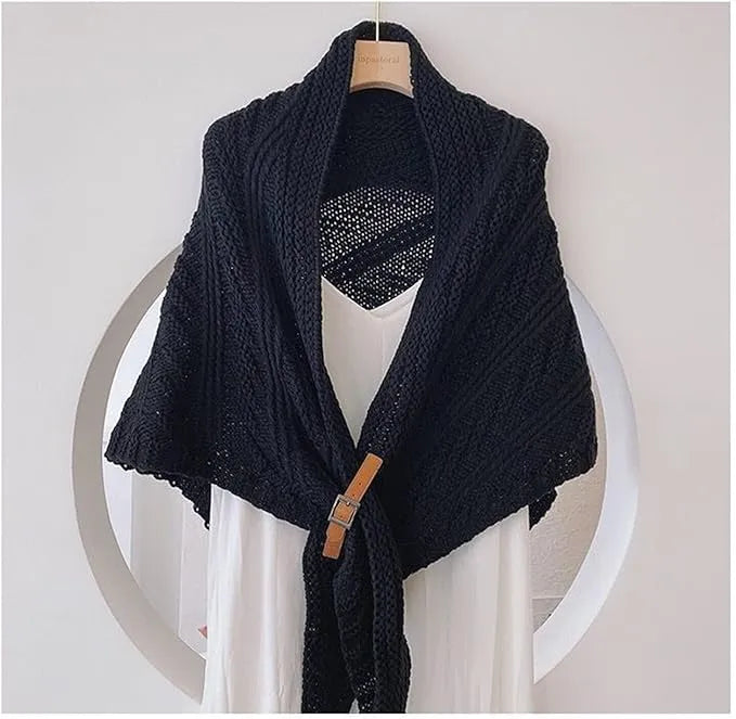 Knitted Triangle Shawl with Leather Buckle