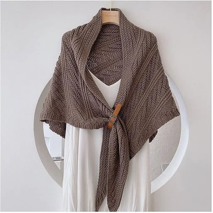 Knitted Triangle Shawl with Leather Buckle