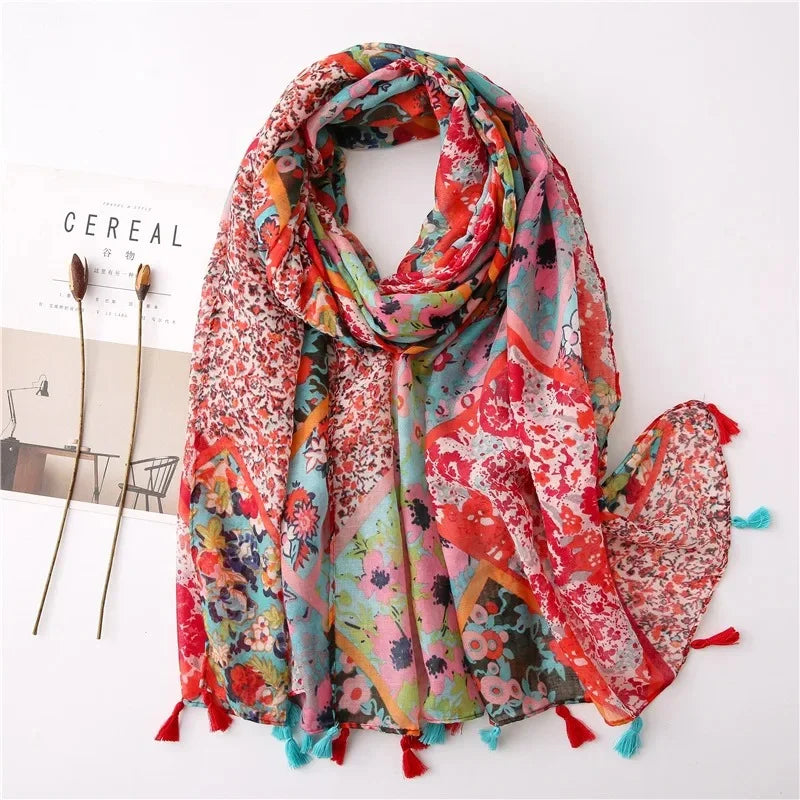 Paisley Abstract Floral Viscose Shawl with Tassels